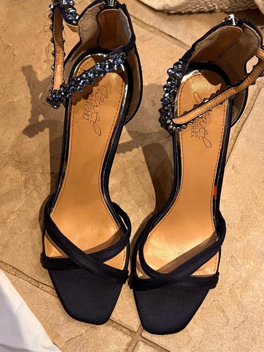 Jewel Badgley Mischka Navy Jeweled Ankle-Strap Heels 9